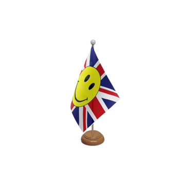 Union Jack Smiley Face Wooden Table Flag – 9x6in (22.5 x 15 cm)
