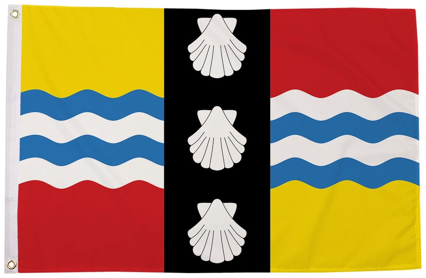 Bedfordshire flag with gold and red quarters, blue and white wavy bands and three white scallop shells on a black band, 5ft x 3ft