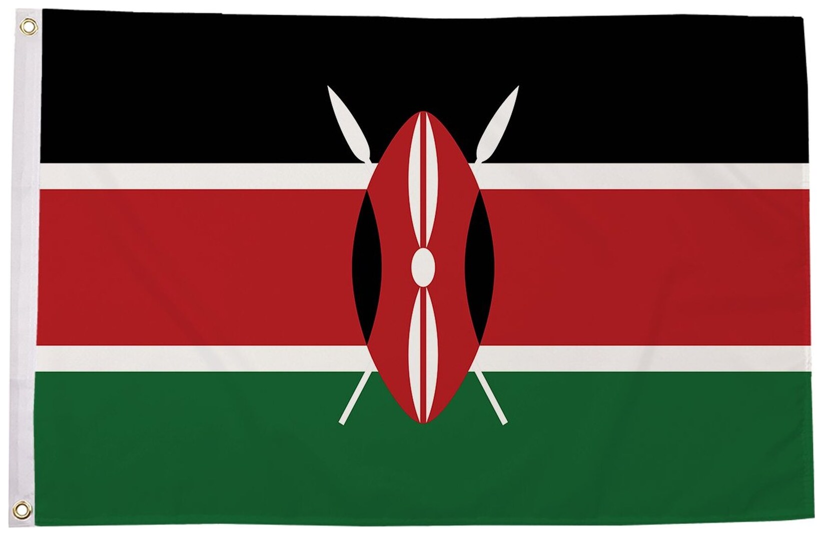 Kenya flag with black, red and green stripes, white edging and a Maasai shield with crossed spears, 5ft x 3ft