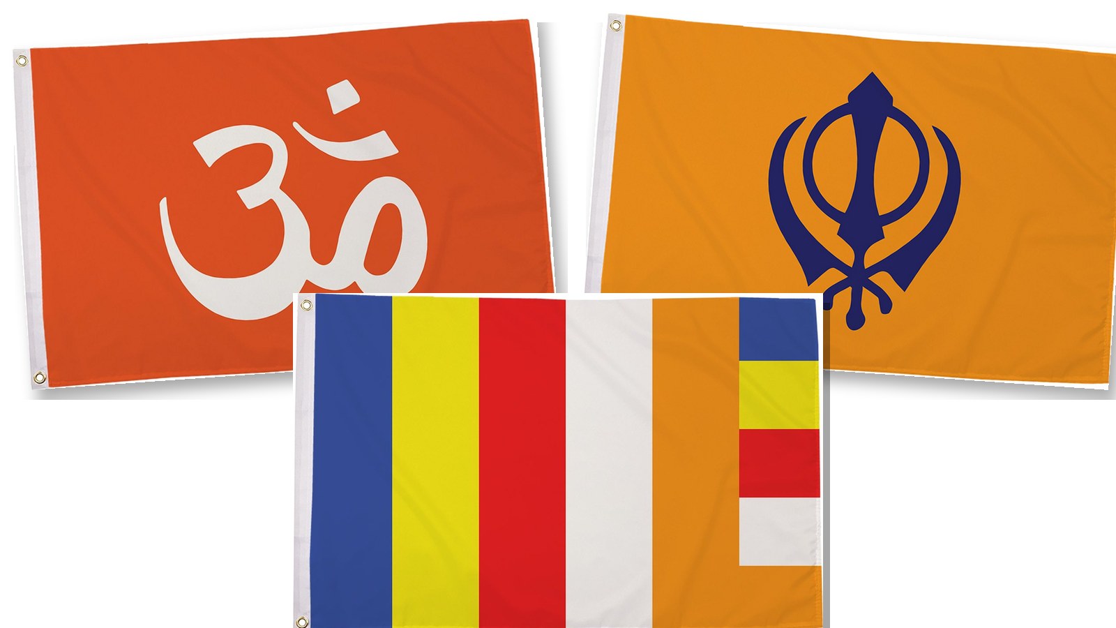 Hindu flag with the Om symbol, Sikh flag with the Khanda and the Buddhist flag